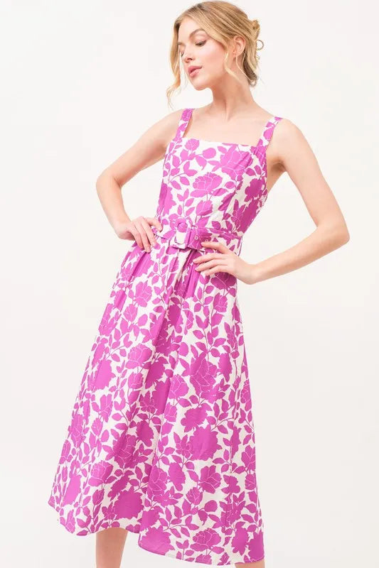 And The Why Square Neck Belted Floral Printed Midi Dress OutfitFlow