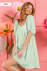 BiBi Washed Linen Tiered Midi Dress with Puff Sleeves SAGE OutfitFlow