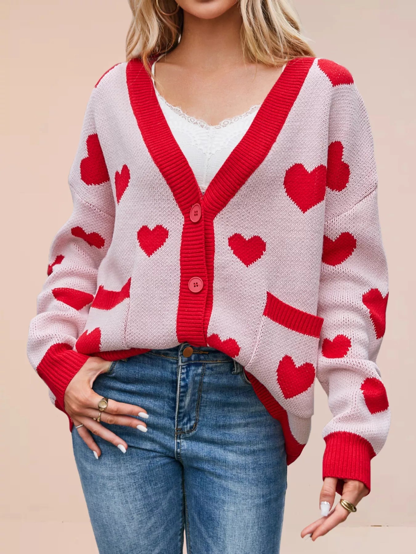 Heart Pattern Button-Up Knit Cardigan OutfitFlow