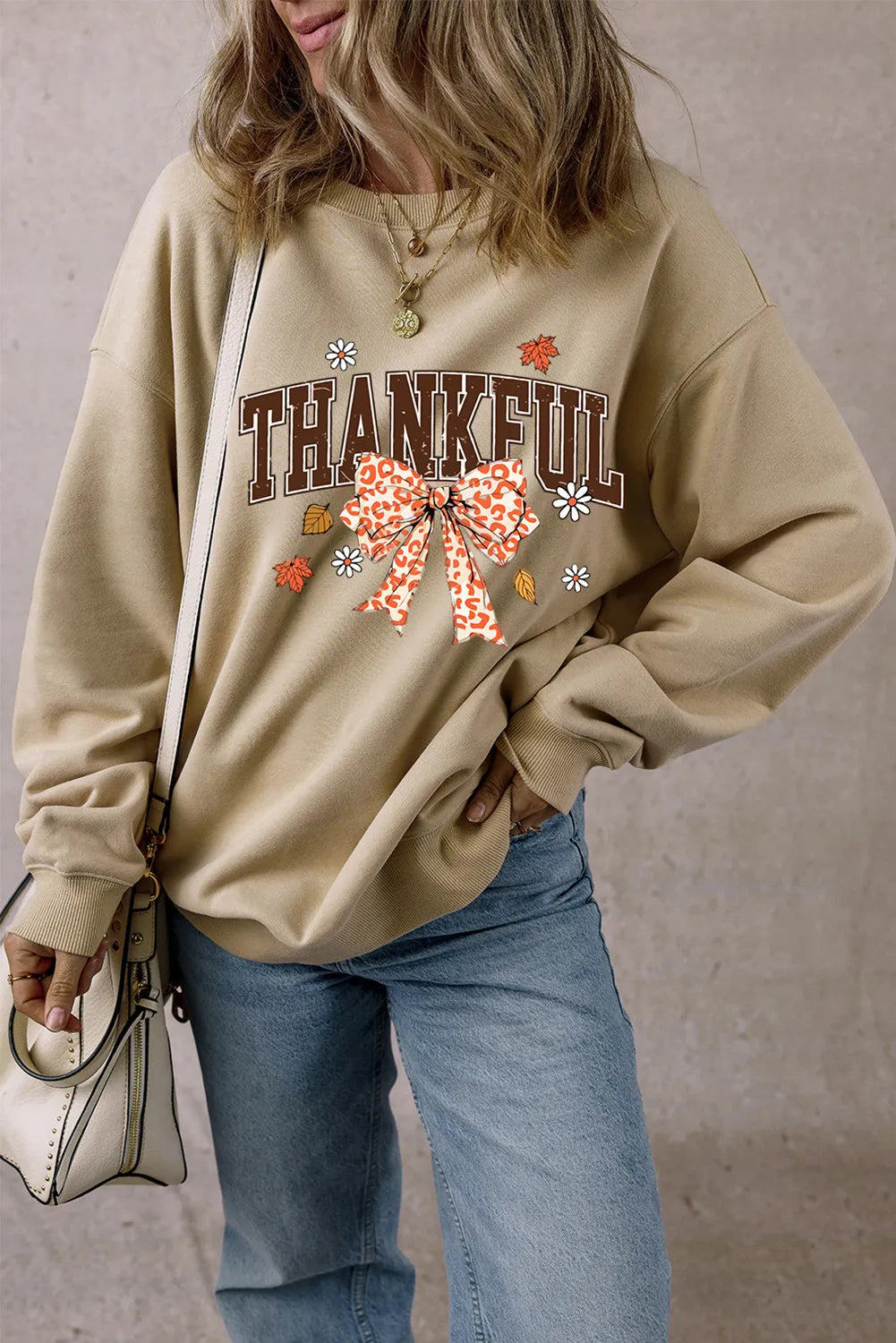 Outfit Flow - THANKFUL Bow Round Neck Long Sleeve Sweatshirt