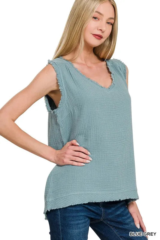 Zenana Double Gauze Raw Edge V-Neck Tank OutfitFlow