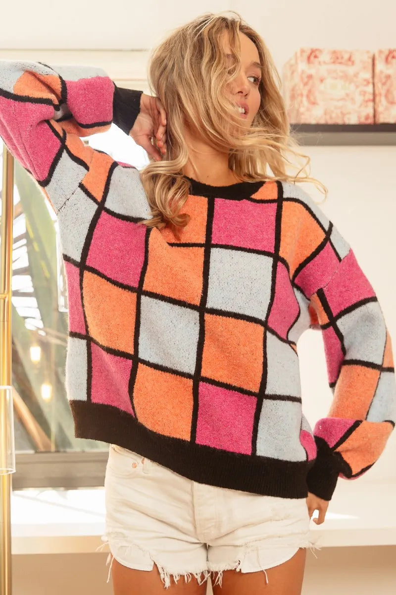 BiBi Multi Color Checker Pattern Sweater OutfitFlow