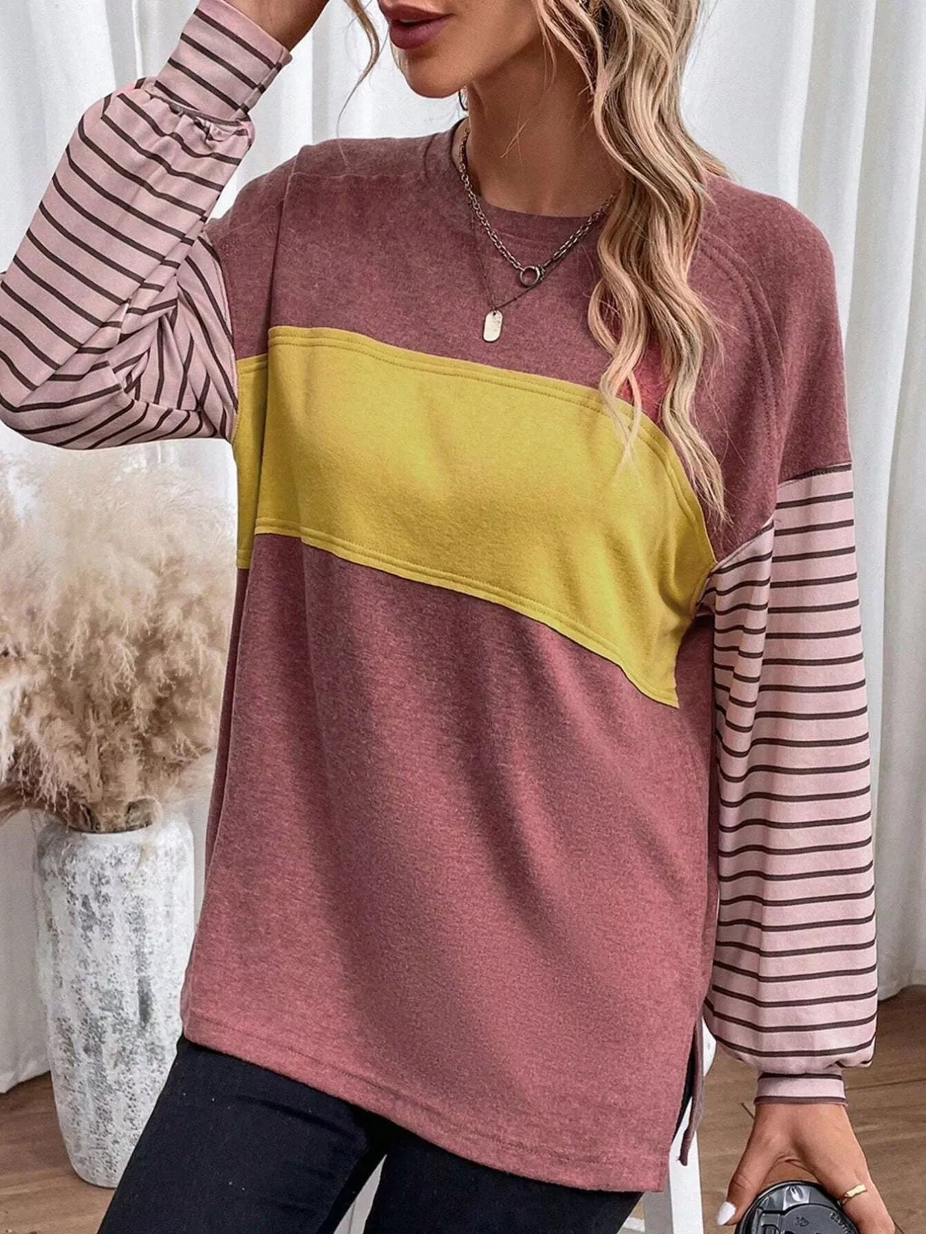 Striped Color Block Long Sleeve T-Shirt OutfitFlow