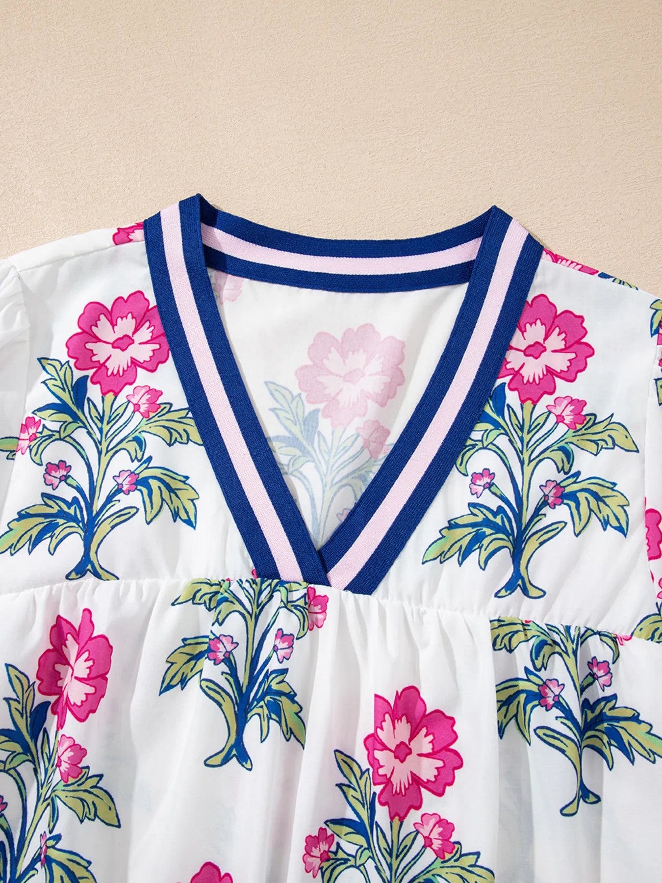 Floral Print Striped V Neck Blouse OutfitFlow