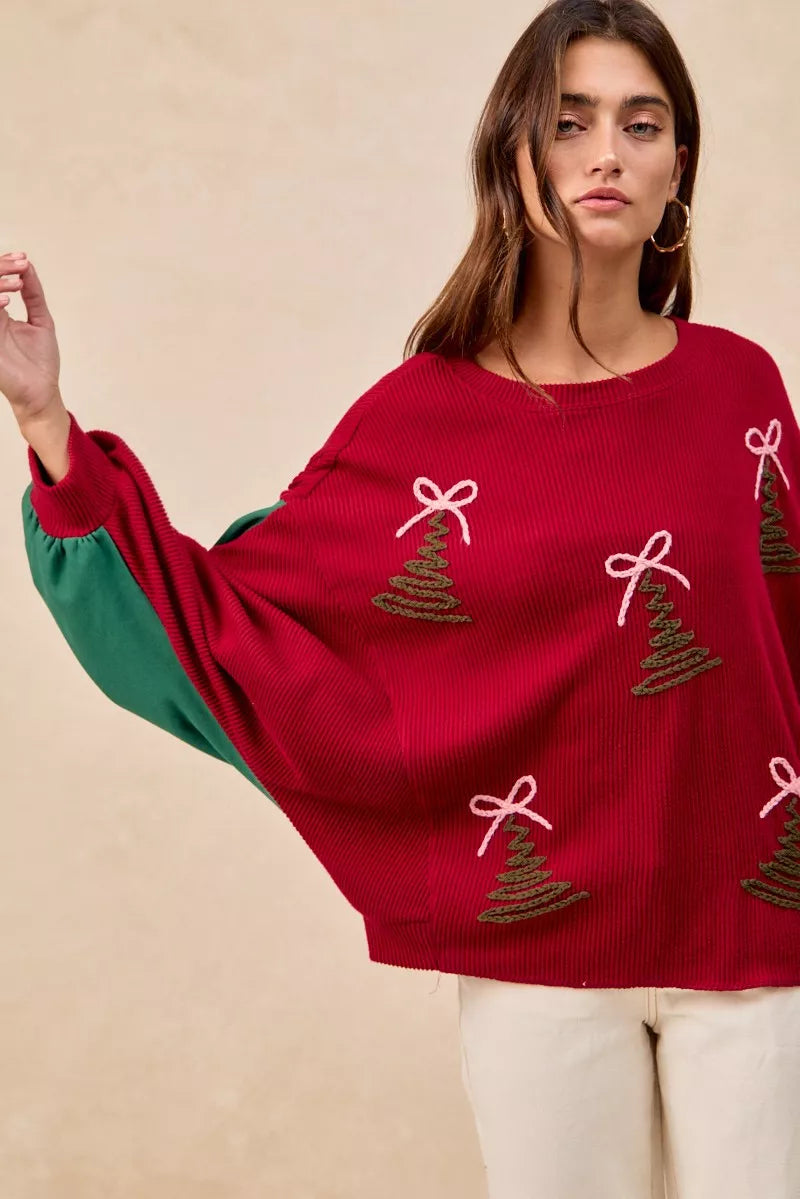 BiBi Christmas Theme Tree Embroidered Sweater OutfitFlow