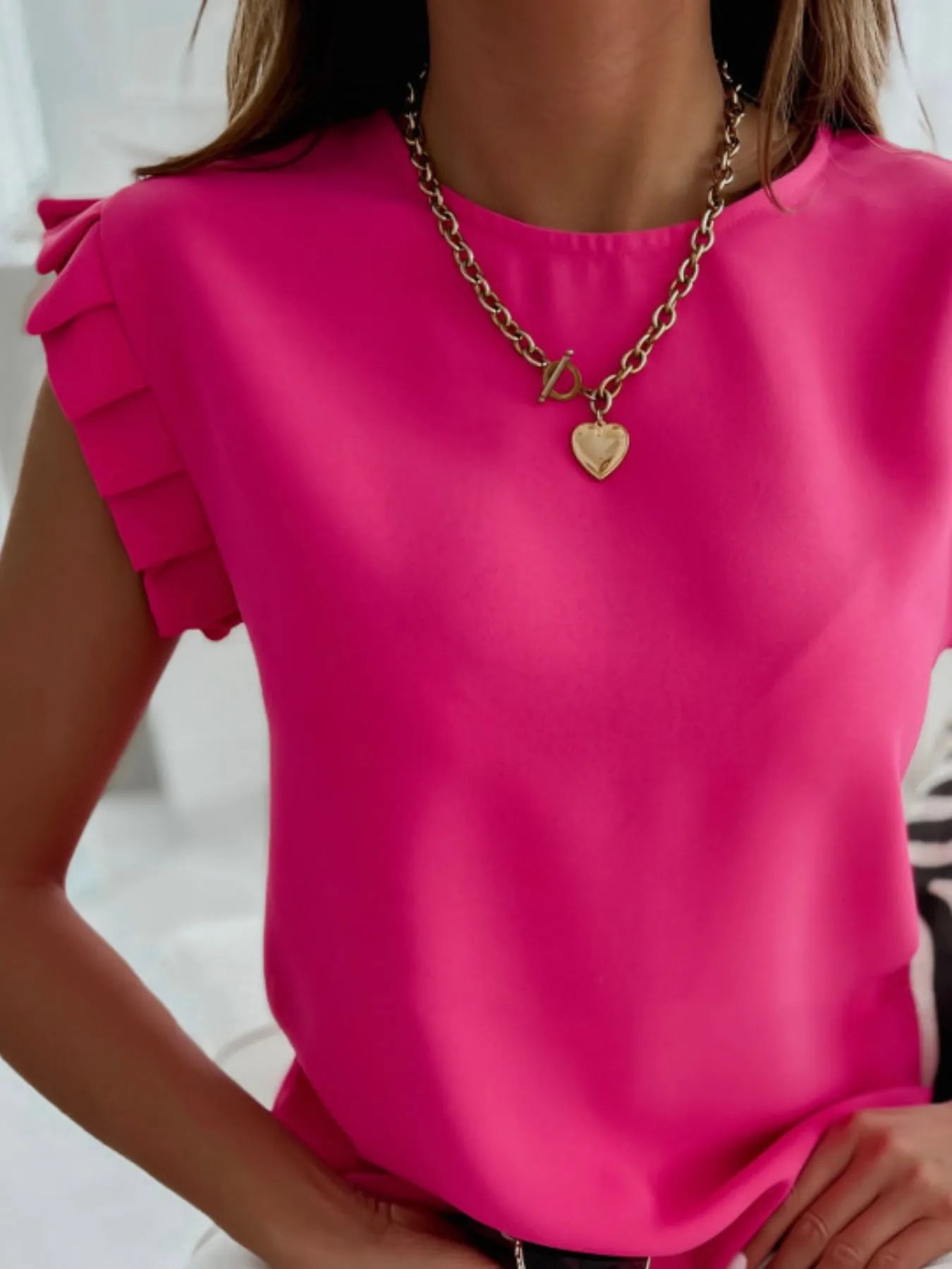 Ruffled Round Neck Cap Sleeve Top OutfitFlow