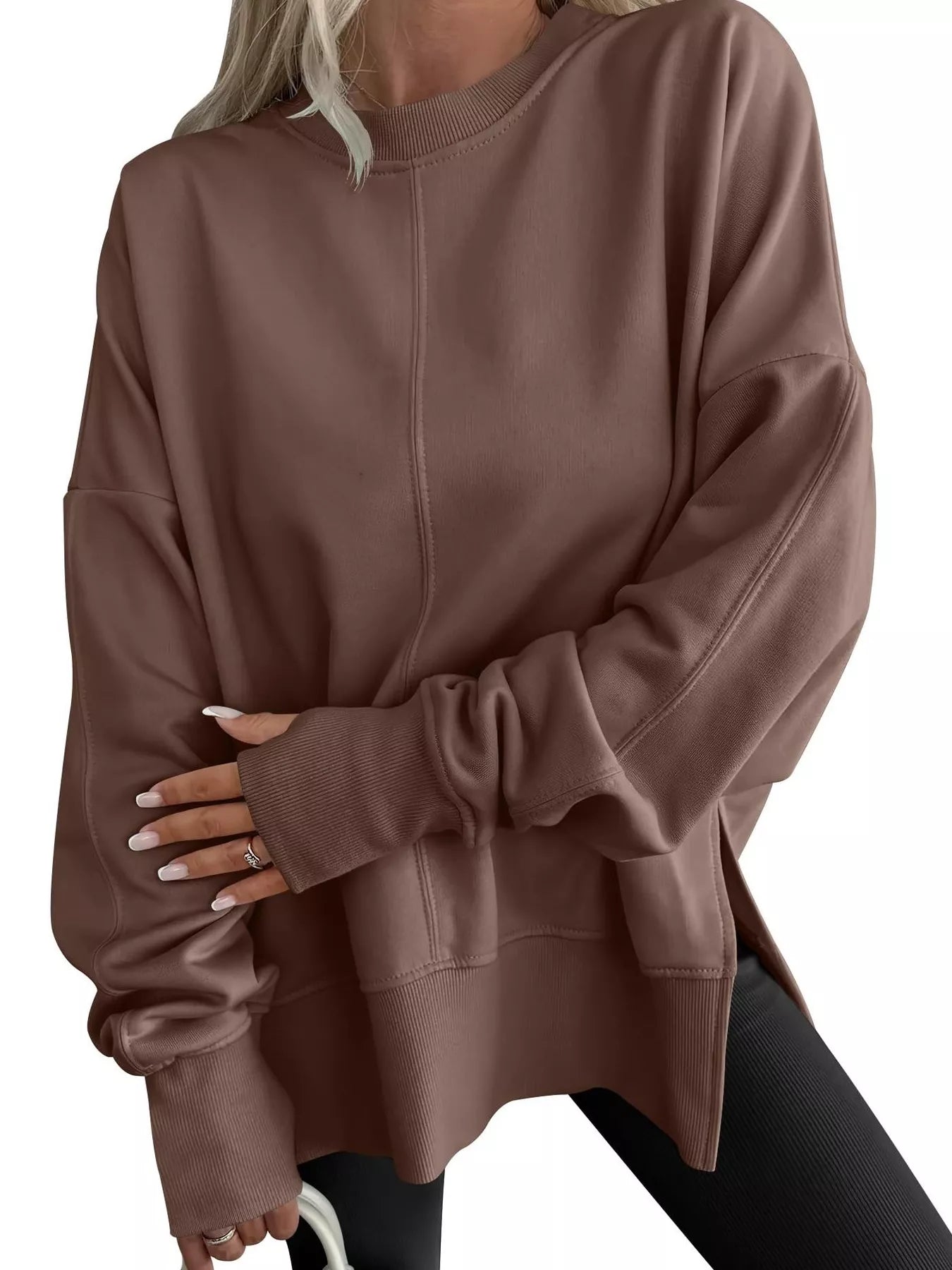 Side Slit Round Neck Long Sleeve Sweatshirt Dark Brown OutfitFlow