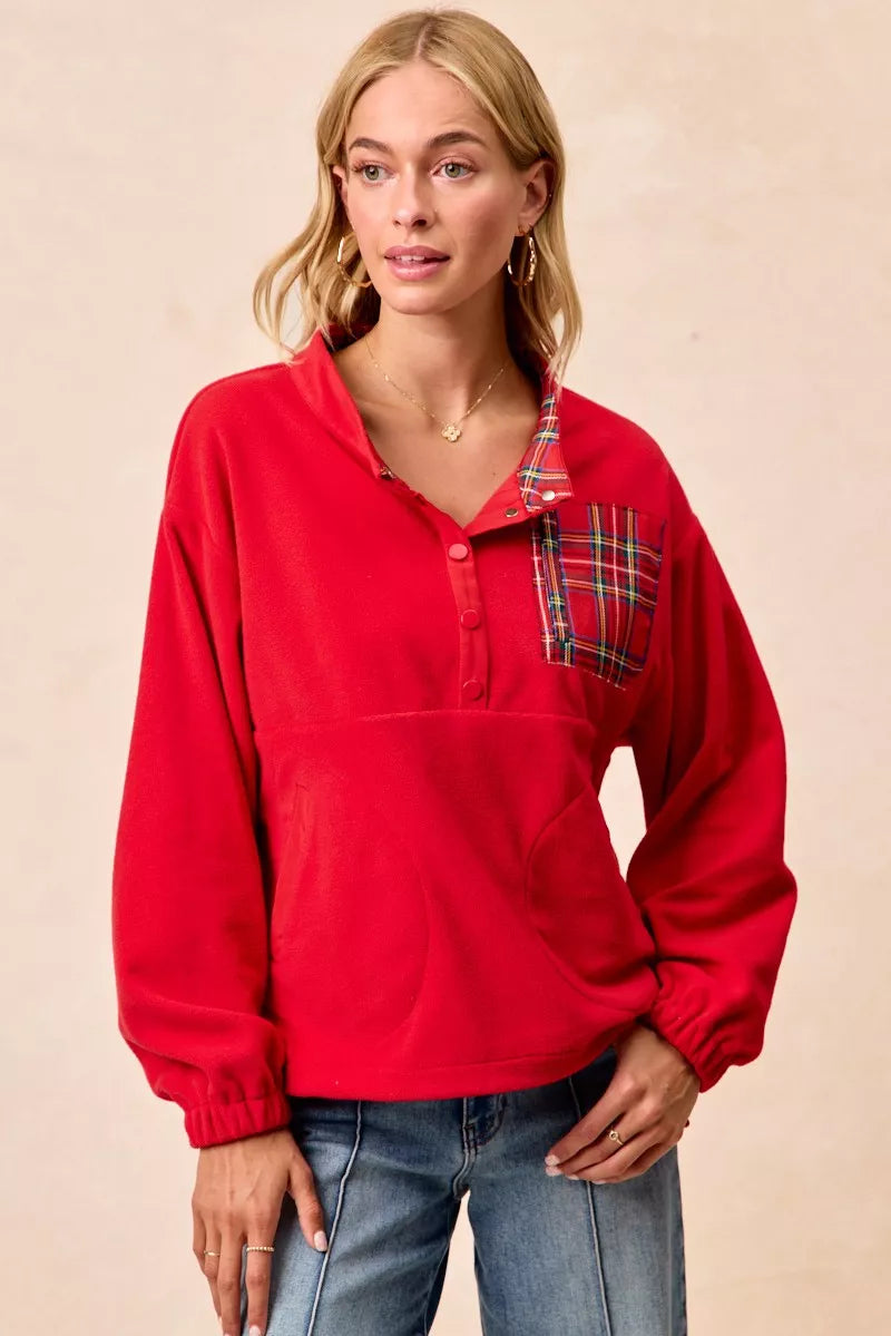 BiBi Christmas Theme Fleece Buttoned Top with Pockets OutfitFlow