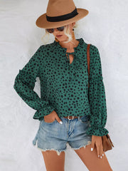 Animal Print Tie Neck Flounce Sleeve Blouse Black Forest Trendsi