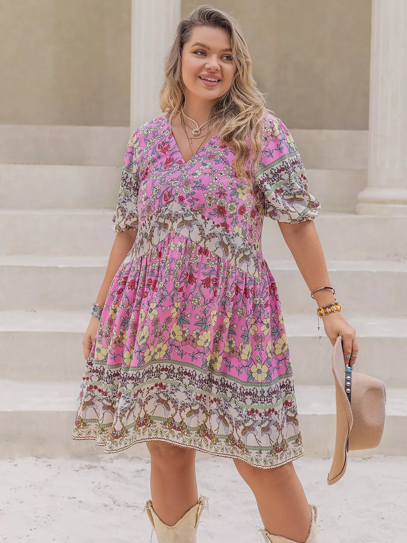 Plus Size Floral Print V-Neck Puff Sleeve Summer Dress OutfitFlow