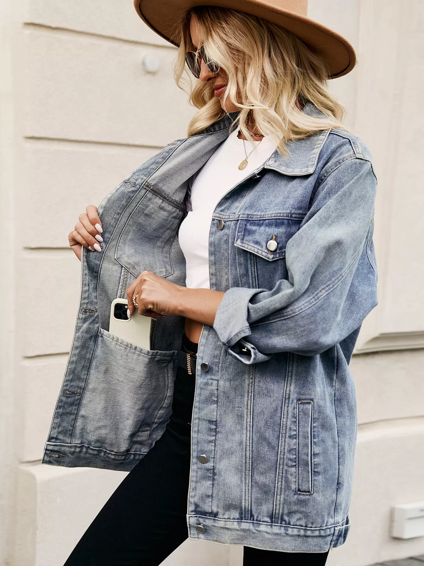 Button Up Long Sleeve Denim Jacket OutfitFlow
