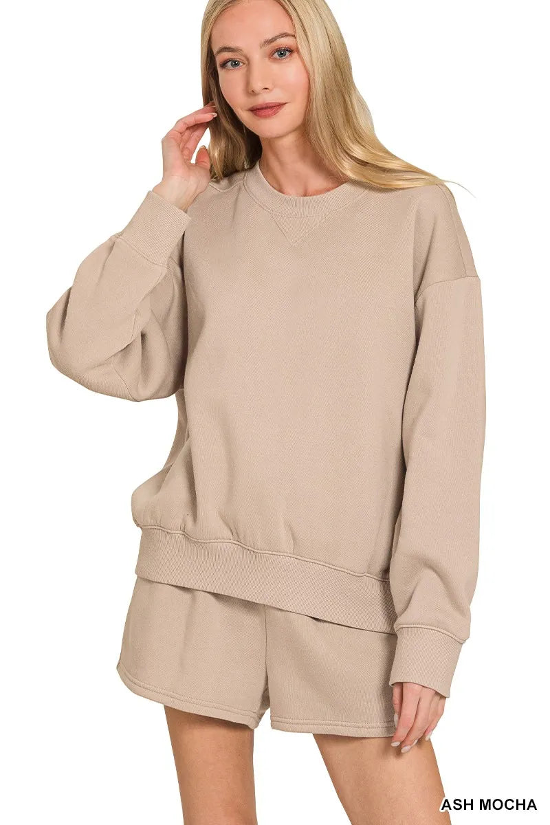 Zenana Fleece Long Sleeve Sweatshirts & Shorts Set Trendsi