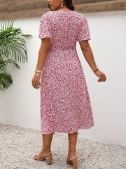Plus Size Printed V-Neck Short Sleeve Midi Dress OutfitFlow