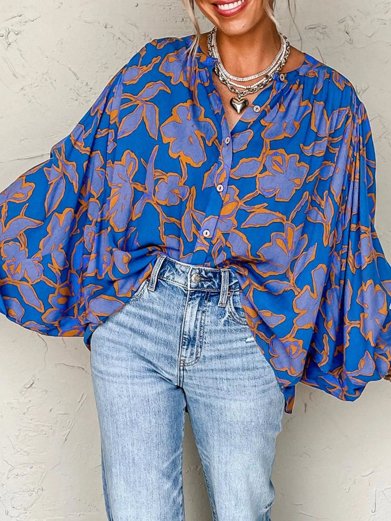Floral Print Batwing Sleeve Buttoned Loose Fit Shirt OutfitFlow