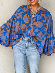 Floral Print Batwing Sleeve Buttoned Loose Fit Shirt OutfitFlow