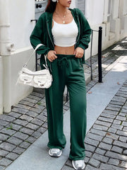 Casual Drawstring Zip Up Hoodie and Wide Leg Pants Set OutfitFlow
