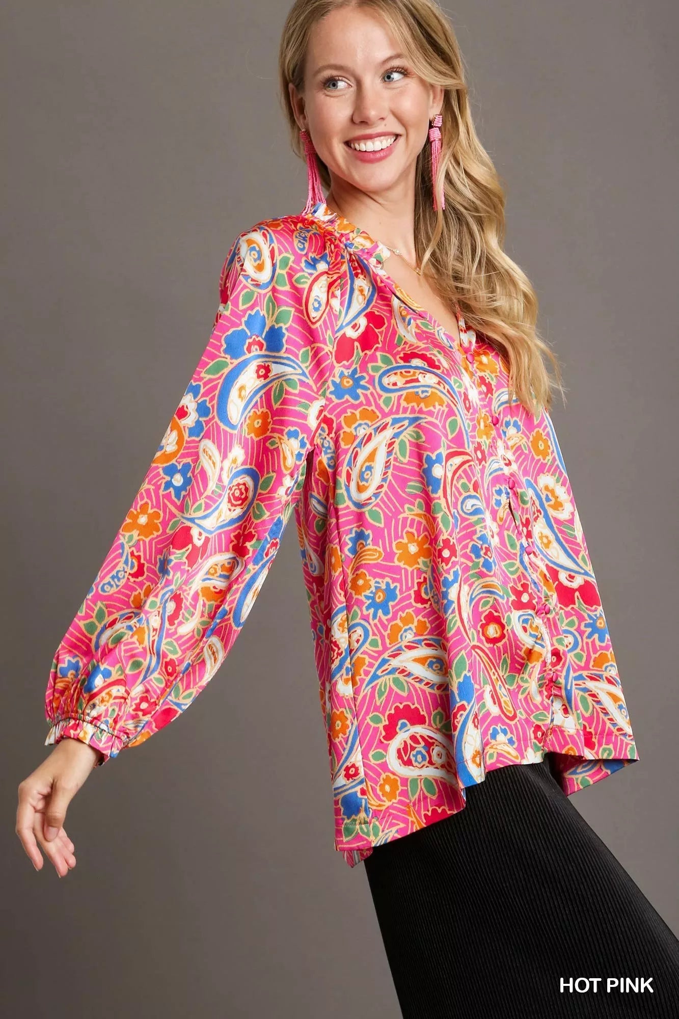 Umgee Full Size Satin Paisley Ruffle Neck Button-Up Shirt Plus Size Trendsi