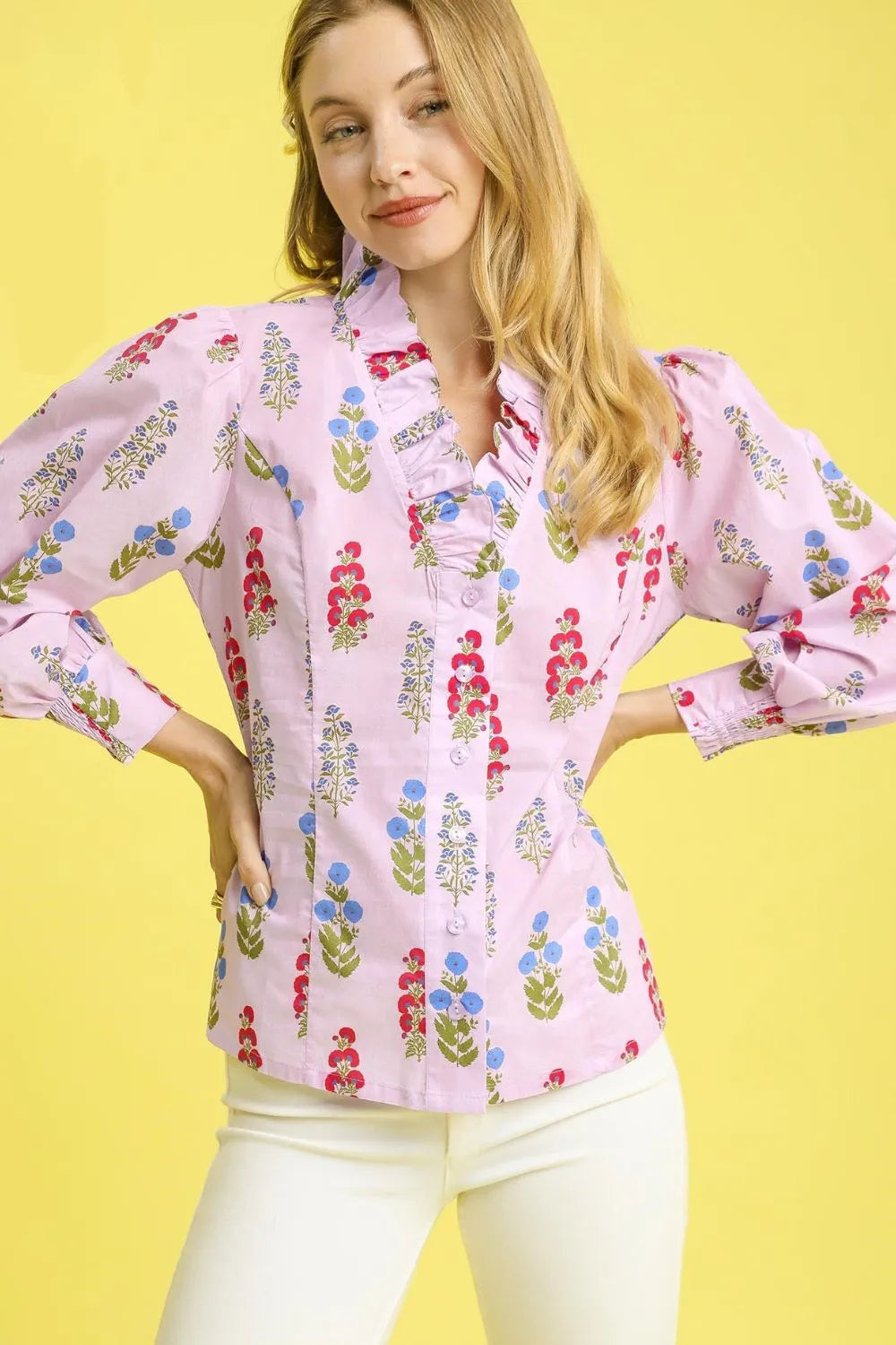 Umgee Floral Print Lantern Sleeve Button Down Shirt OutfitFlow