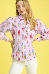 Umgee Floral Print Lantern Sleeve Button Down Shirt OutfitFlow