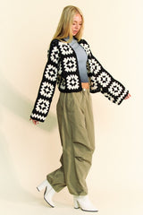 Outfit Flow - Davi & Dani Full Size Two Tone Flower Square Crochet Open Front Cardigan