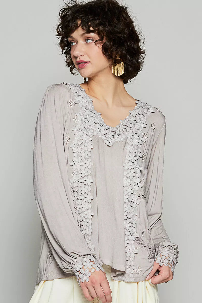 POL Floral Embroidery Woven Top with Lace Trim ROMANTIC TAUPE OutfitFlow
