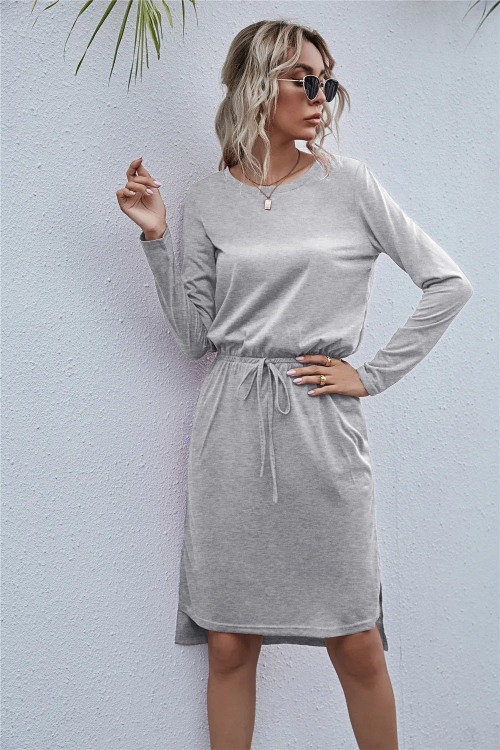 Drawstring Waist Round Neck Long Sleeve Dress OutfitFlow