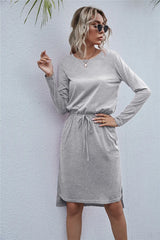 Drawstring Waist Round Neck Long Sleeve Dress OutfitFlow