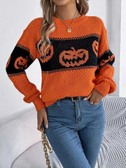 Pumpkin Round Neck Long Sleeve Sweater OutfitFlow