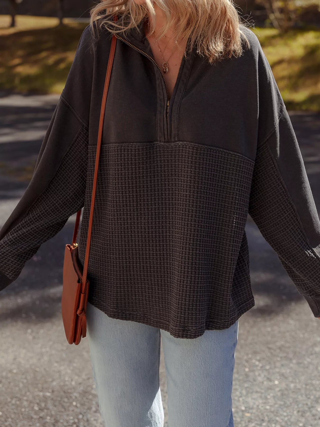 Waffle Knit Patchwork Half Zipped Casual Sweatshirt OutfitFlow