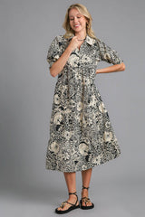 Umgee Full Size Printed Smocked Cuff Puff Sleeve Midi Dress Plus Size Black OutfitFlow