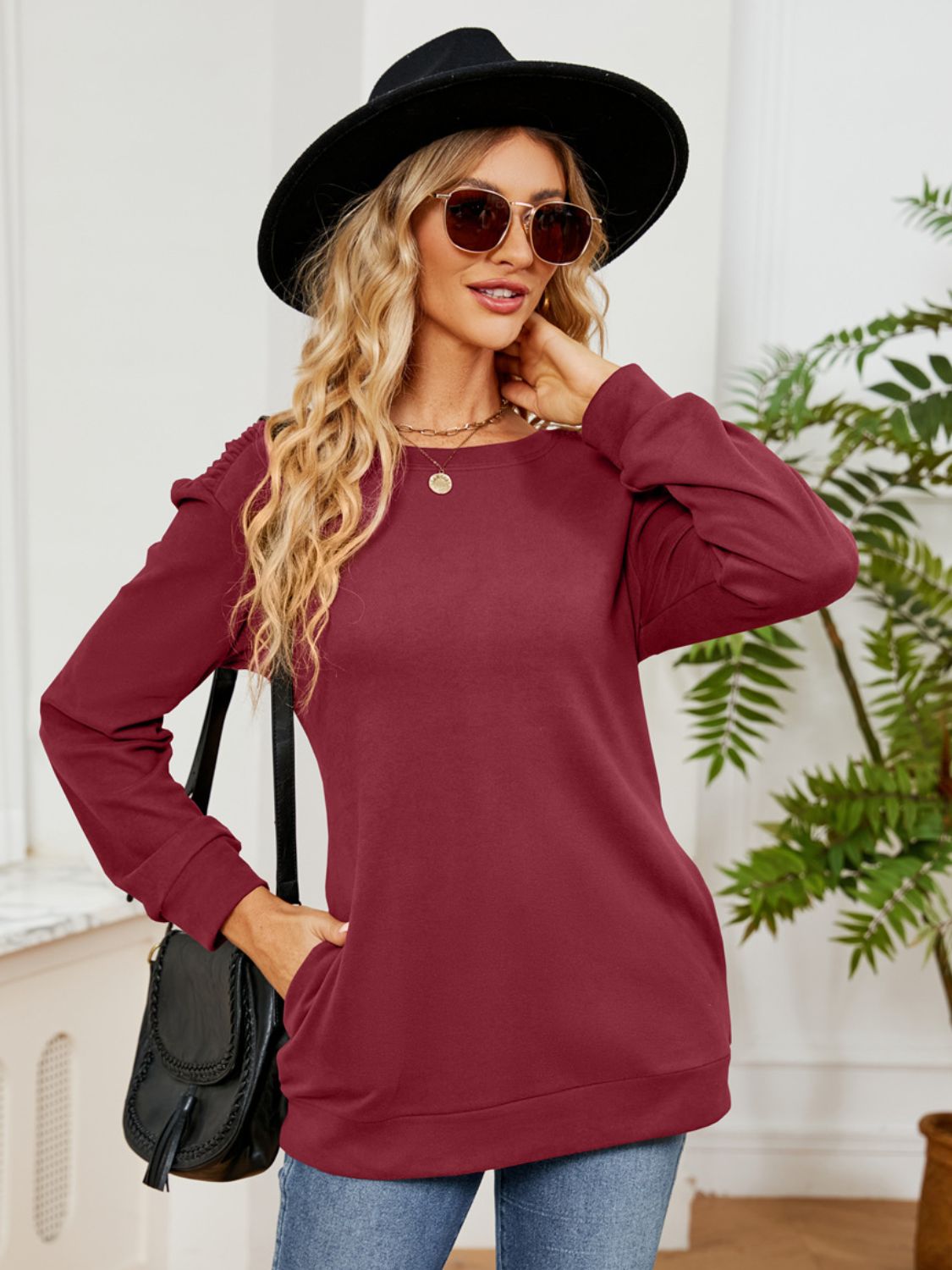 Outfit Flow - Ruched Shoulder Round Neck Long Sleeve Sweatshirt