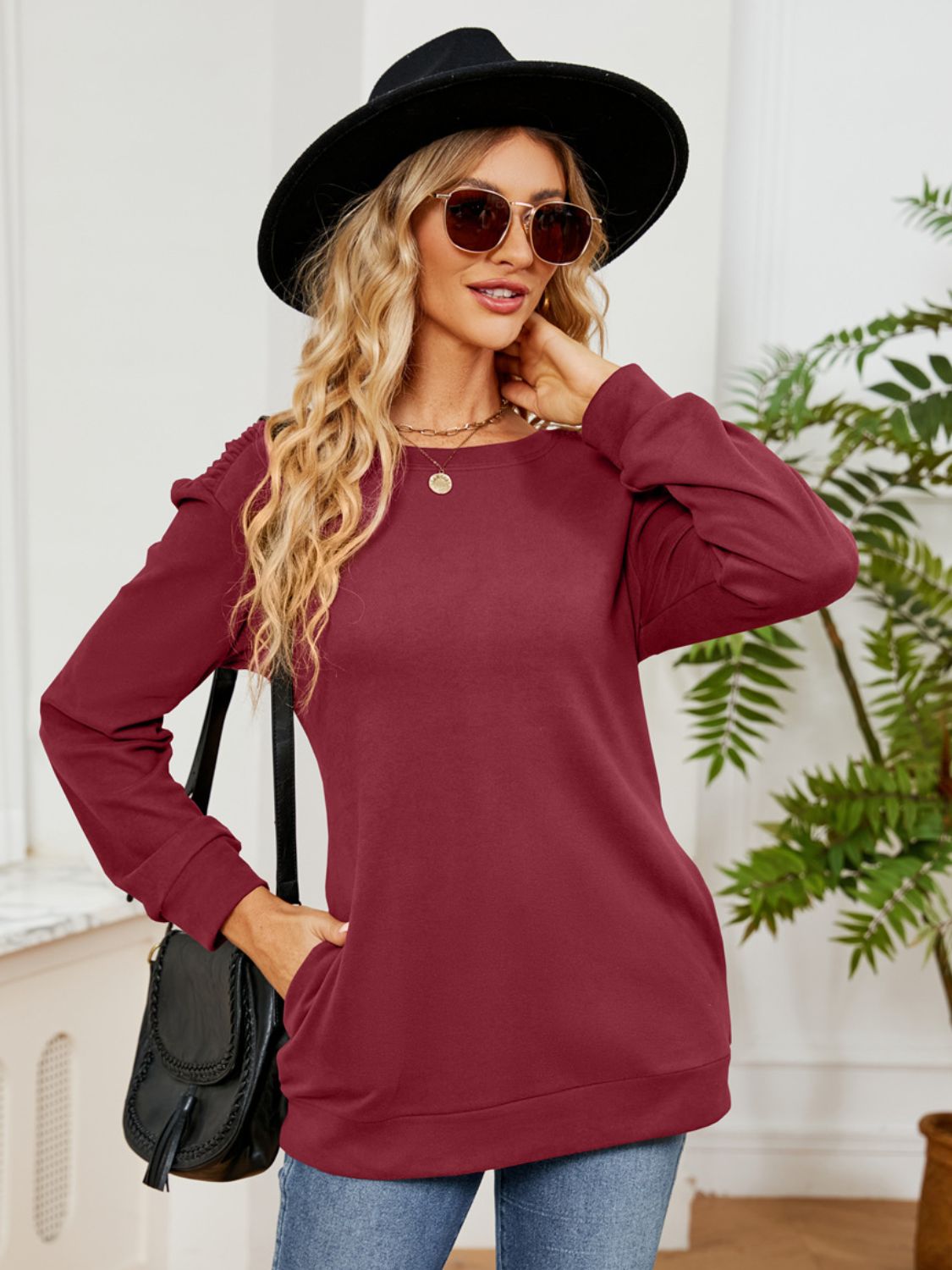 Ruched Shoulder Round Neck Long Sleeve Sweatshirt Burgundy OutfitFlow