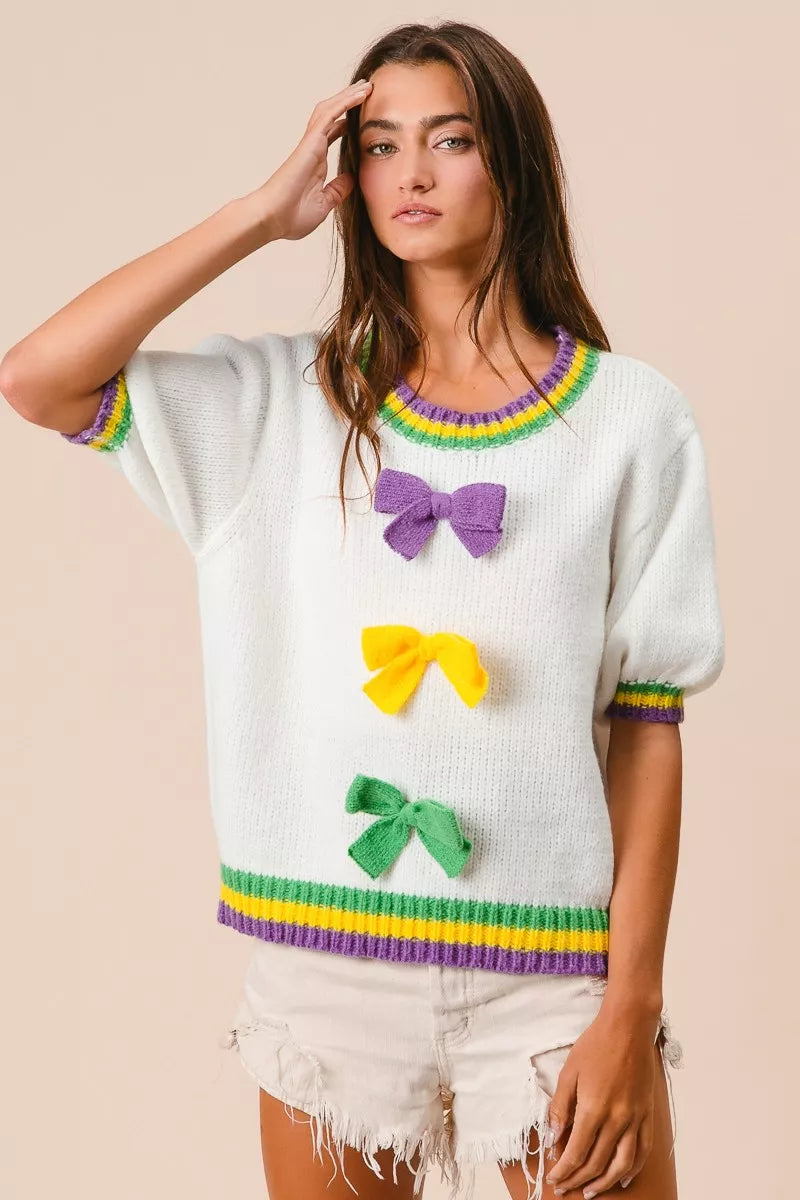 BiBi Short Puff Sleeve Ribbon Bow Mardi Gras Sweater OutfitFlow