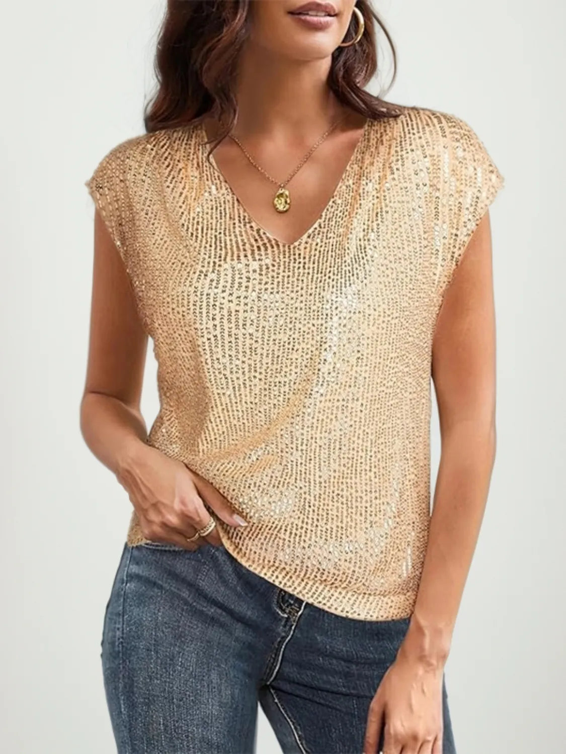 V-Neck Sequin Cap Sleeve Top Gold OutfitFlow