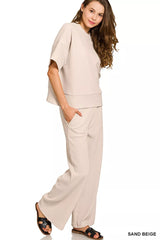 Zenana Ribbed Round Neck Tee & Pants Set OutfitFlow