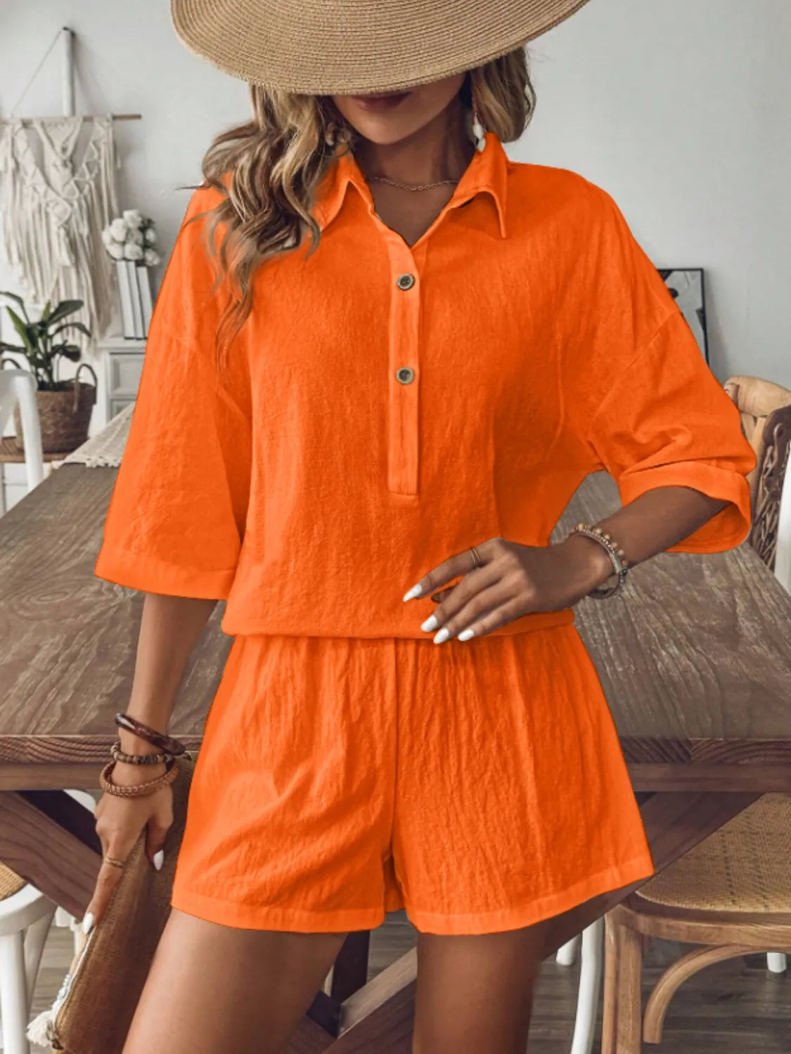 Collared Neck Half Sleeve Top and Shorts Set OutfitFlow