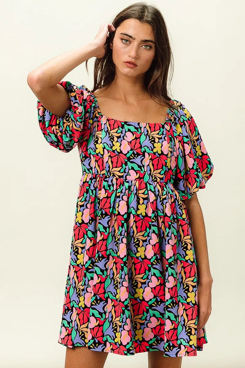 BiBi Floral Print Puff Square Neck Dress OutfitFlow