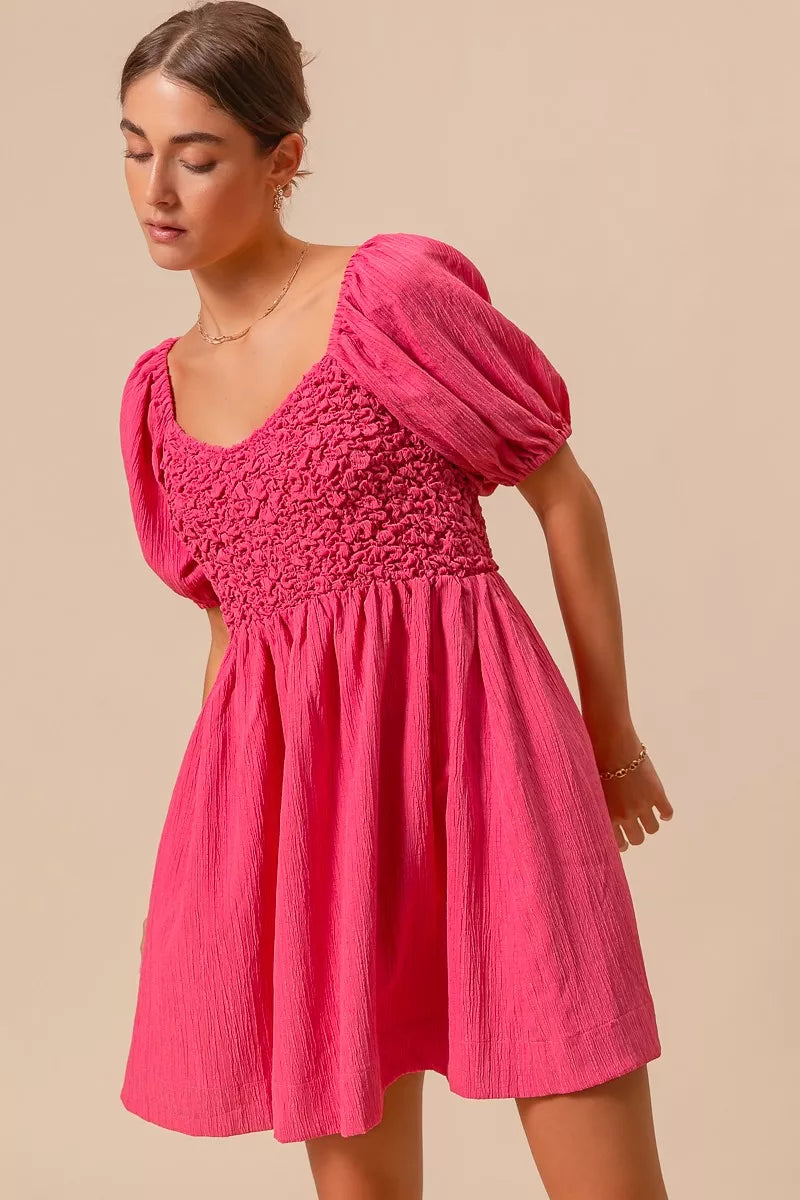 SO ME Textured Woven Daily Dress with Puff Sleeves OutfitFlow