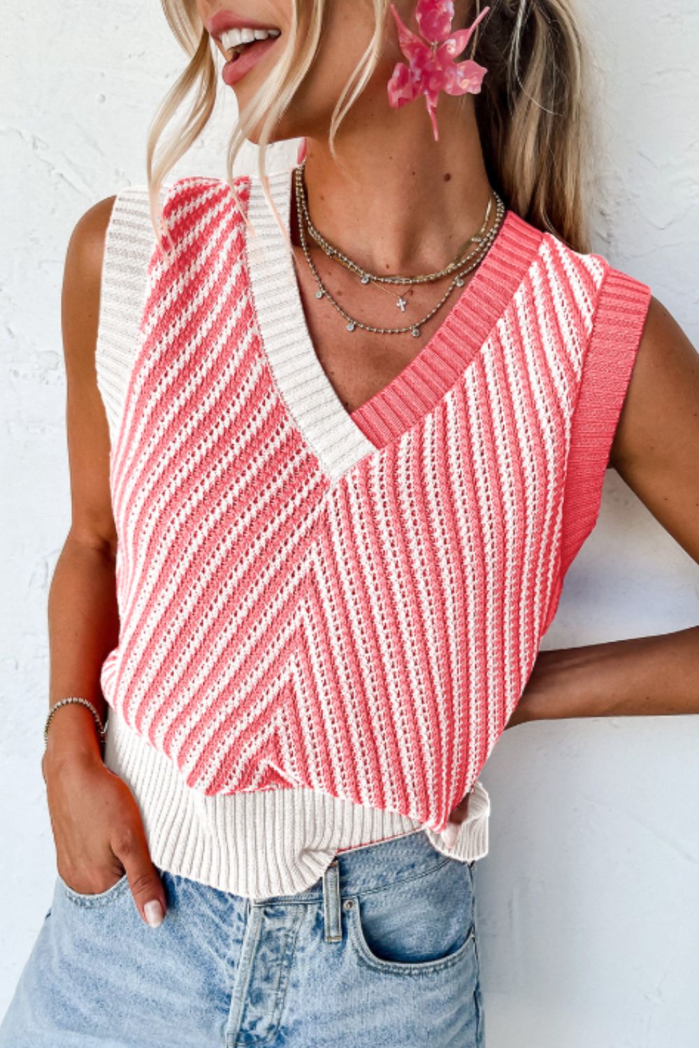 Outfit Flow - Striped Contrast V-Neck Sweater Vest