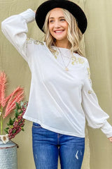 And The Why Flower Gold Embroidery Shoulder Detailed Top OutfitFlow
