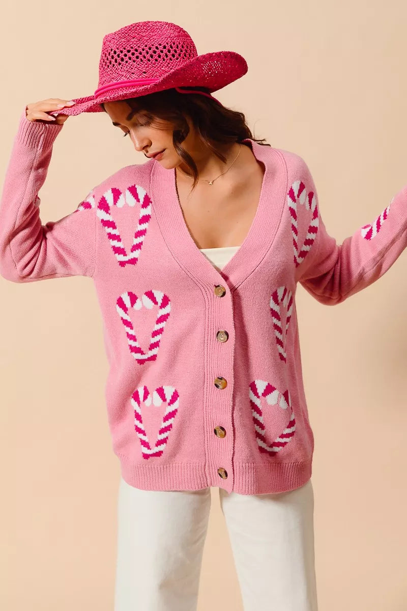 SO ME Christmas Candy Cane Button Front Sweater Cardigan OutfitFlow