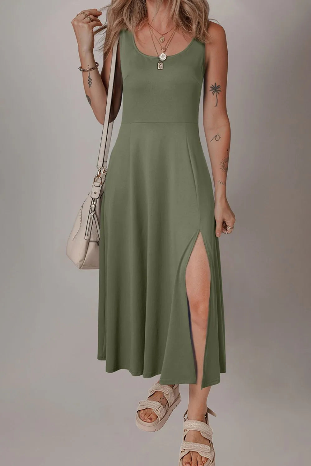 Side Slit Scoop Neck Wide Strap Dress Sage OutfitFlow