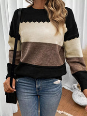 Color Block Crew Neck Drop Shoulder Sweater Black OutfitFlow