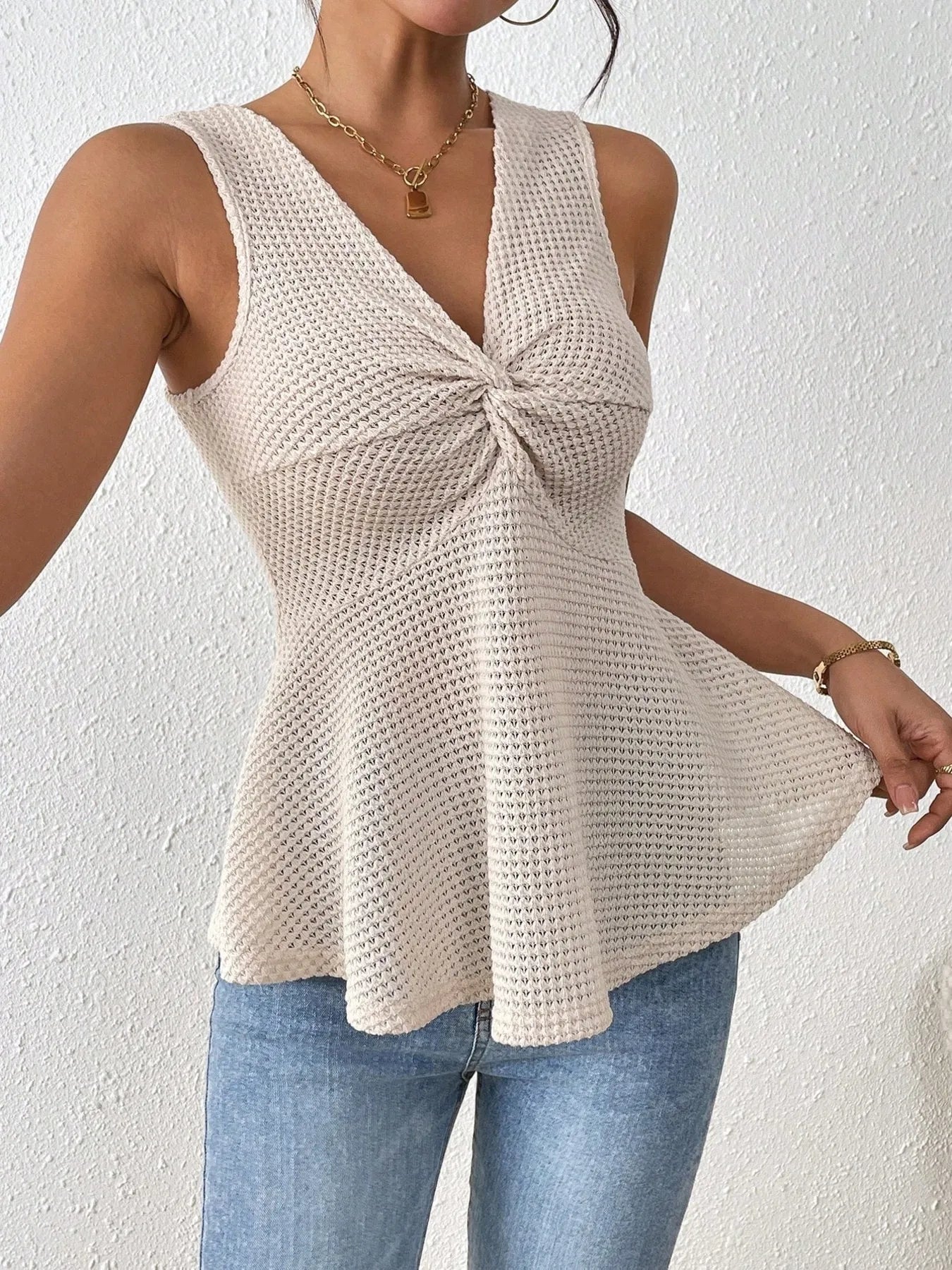 Twist Front Textured Peplum Tank Top OutfitFlow