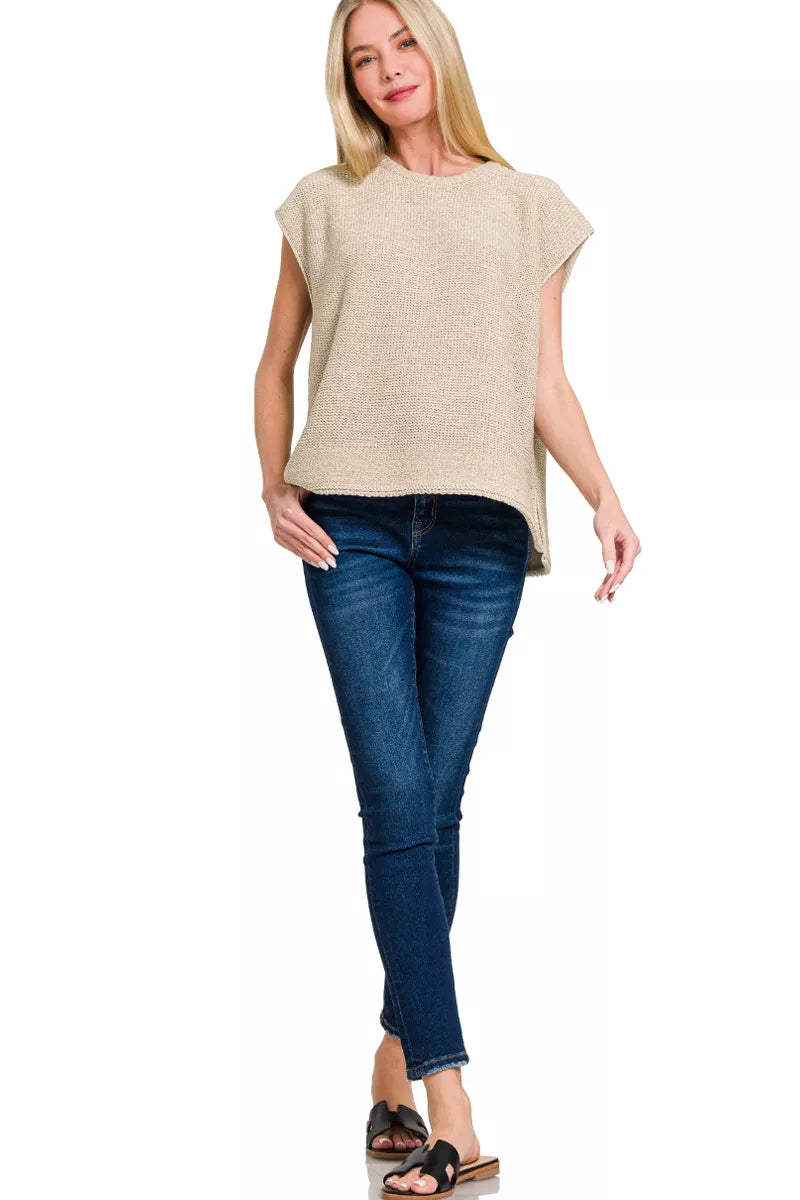 Zenana Oversized Crew Neck Sweater Vest SAND BEIGE Trendsi