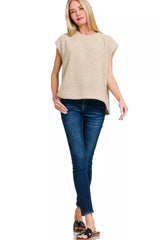 Zenana Oversized Crew Neck Sweater Vest SAND BEIGE Trendsi