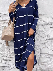 Striped V-Neck Long Sleeve Casual Maxi Dress OutfitFlow