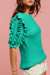 BiBi Solid Knit Ruffled Sleeves Top OutfitFlow