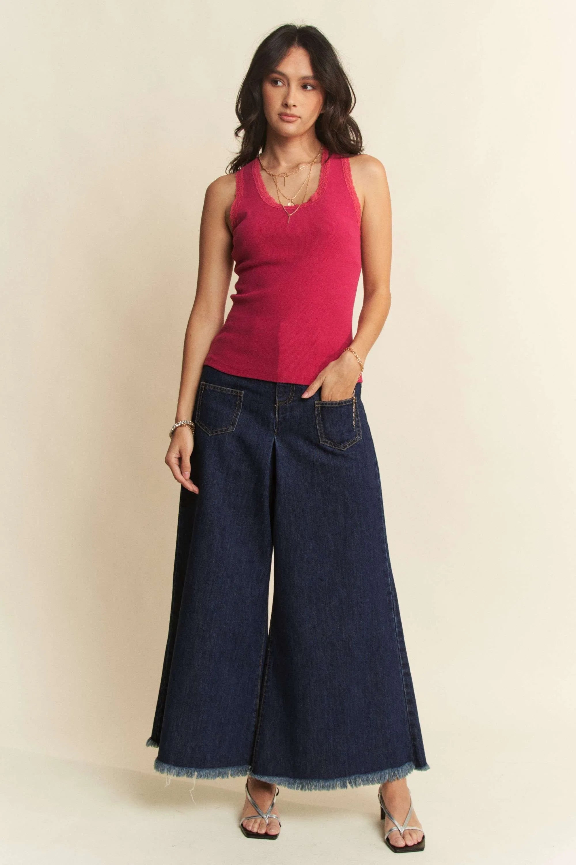 Davi & Dani Patch Pocket Wide Leg Culotte Jeans OutfitFlow