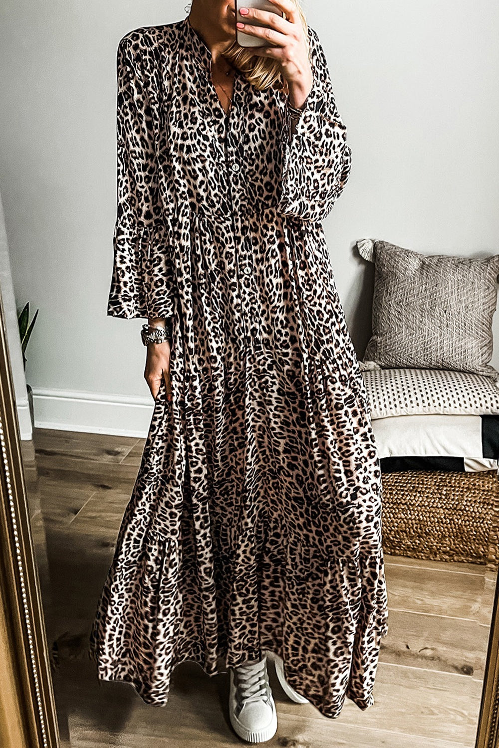 Leopard Notched Long Sleeve Maxi Dress